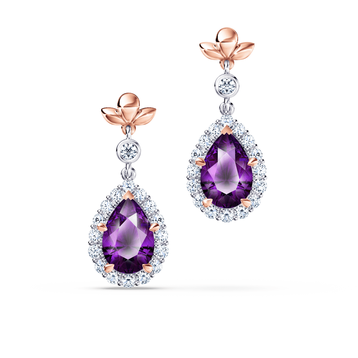 Peridot and Amethyst Diamond Drop Earrings in 14k Rose Gold